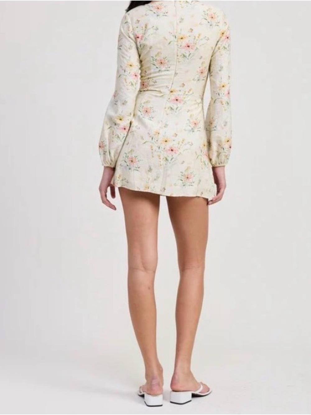 Emory Park Cream Floral Puff-Sleeve Mini Dress Ruched Sweetheart Neckline Small - Picture 4 of 13